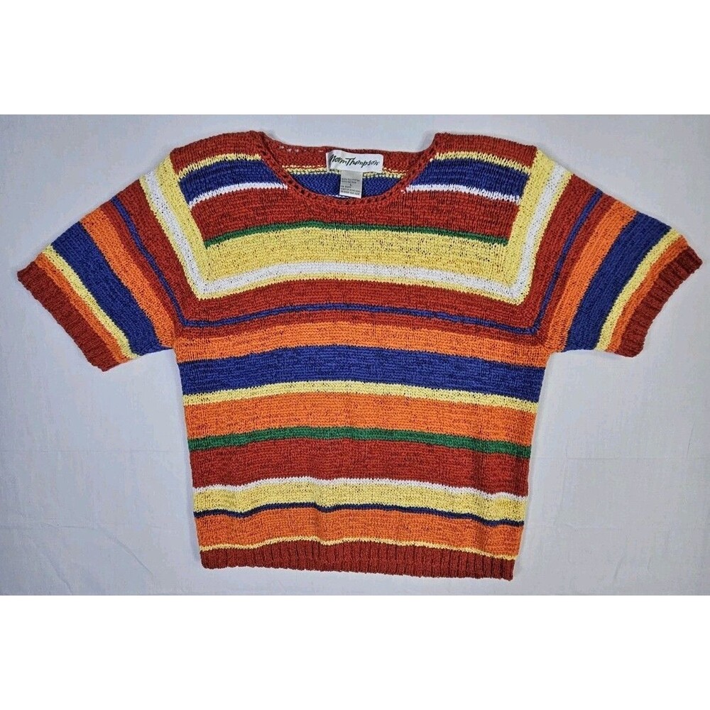Norm Thompson Sweater Women's Large Stripe Rainbow Short Sleeve Pullover Vintage